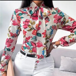 SHEIN SXY Floral Print Tie Neck Blouse